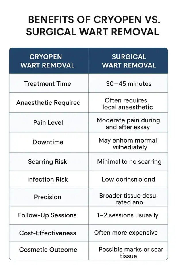 Table showing the benefits of cryopen to remove warts Rhyl compared to surgical treatment